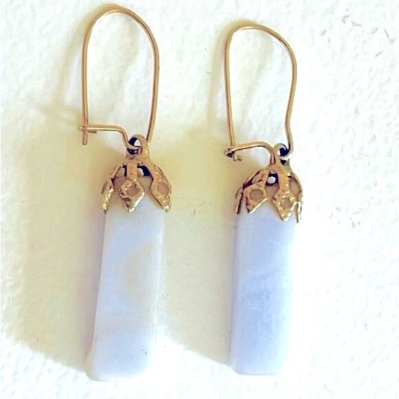 Vintage Handmade White Jade Gold Tone Dangling Earrings Minimalist Boho Bohemian - Picture 3 of 4